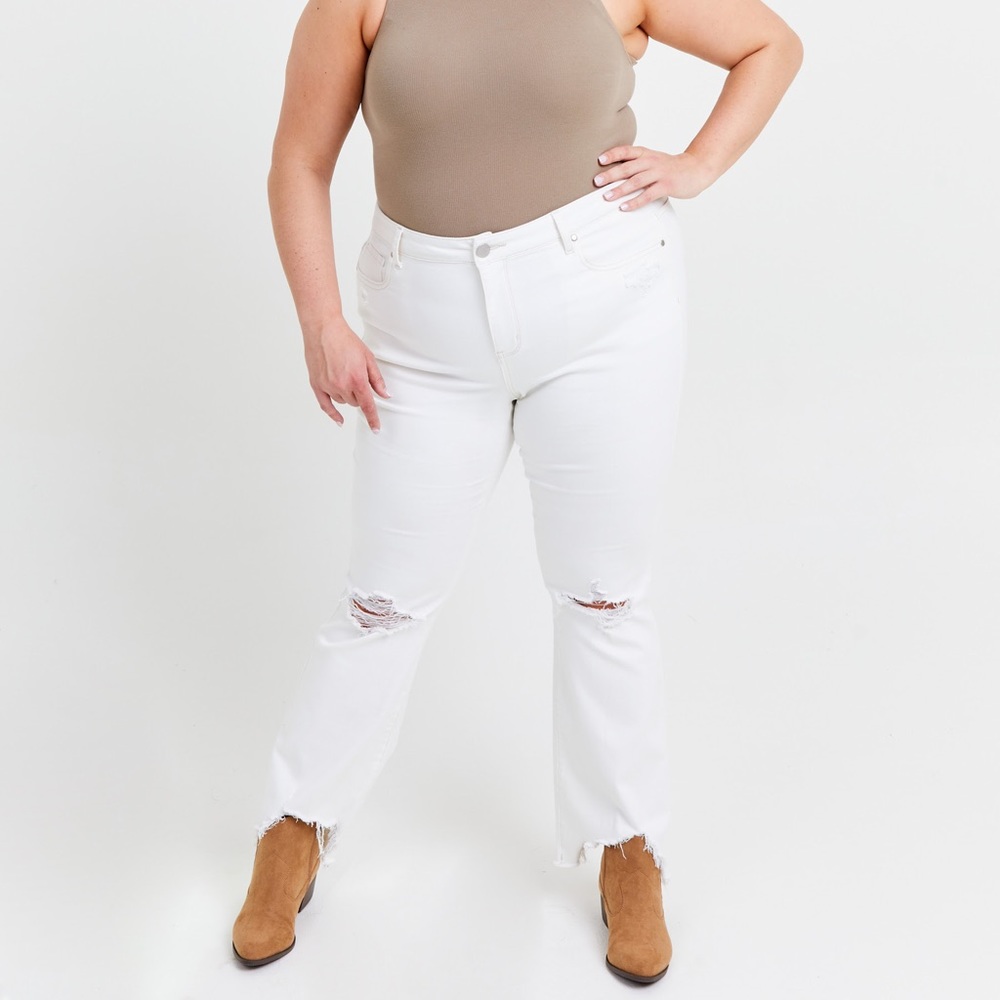 Altar’d State/A Beautiful Soul/Arula Incrediflex Bootcut White Distressed Jeans